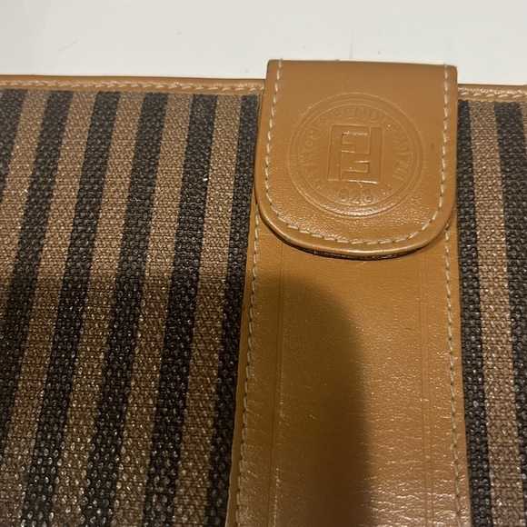 Vintage Fendi Regimental Stripe Leather Trim Continental Clutch Wallet Tan Black - Picture 4 of 12